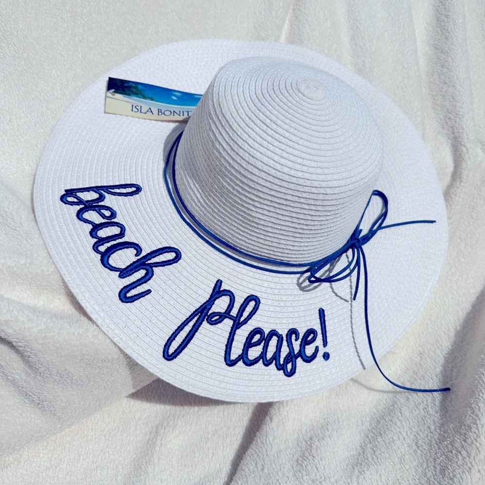 Isle Bonita BEACH PLEASE floppy hat. White beach sun hat with blue stitching NWT - Picture 2 of 7